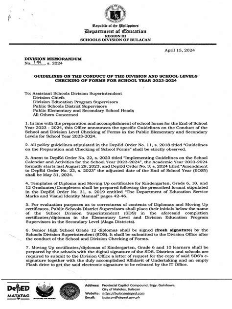 DIVISION MEMORANDUM NO. 194, S. 2024: GUIDELINES ON .